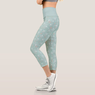 ginkgo leaves turquoise and coral capri leggings
