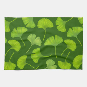 Ginkgo pattern on dark green kitchen towel