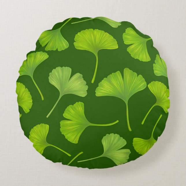Ginkgo pattern on dark green round pillow (Front)