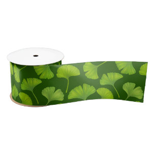 Ginkgo pattern on dark green satin ribbon