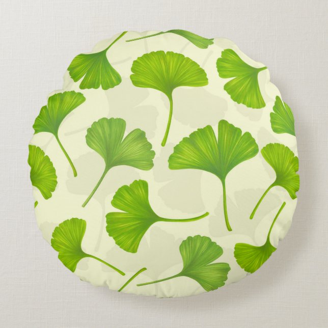 Ginkgo pattern on off white round pillow (Front)