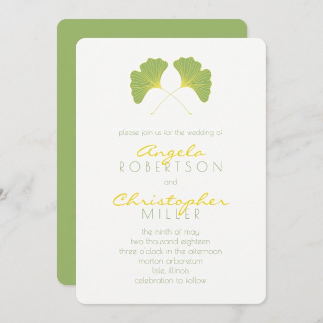 Ginkgo Spring Green Leaves Wedding 2 Invitation (Front/Back)