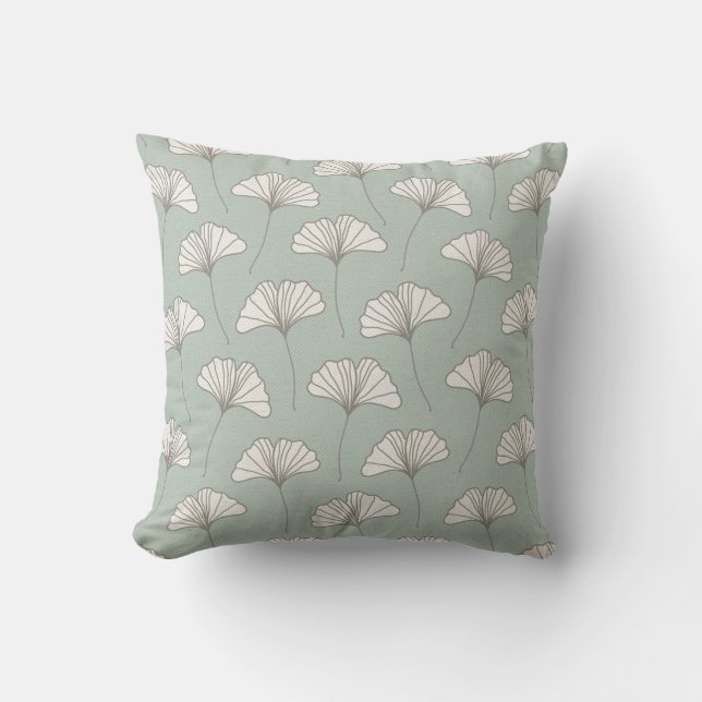 Ginkgo Tree Leaf Pattern Light Blue Grey and White Throw Pillow (Front)