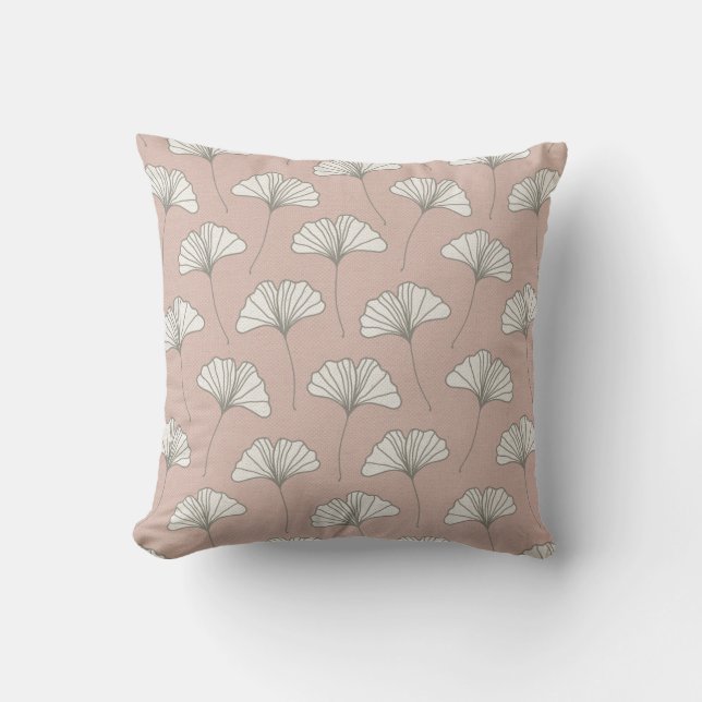Ginkgo Tree Leaf Pattern Pink Grey and White Throw Pillow (Front)