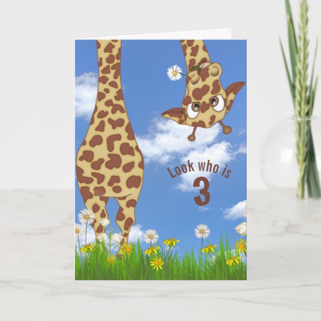 girafe de 3e anniversaire en carte d'herbe (Devant)