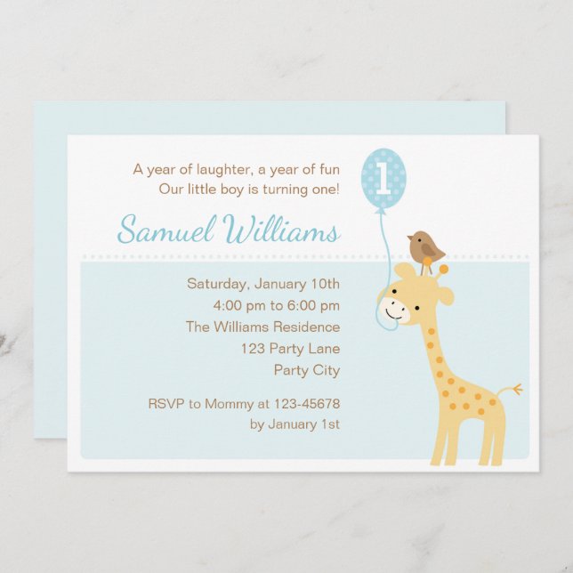 Giraffe 1er Anniversaire Invitations (Boys Balloon (Devant / Derrière)