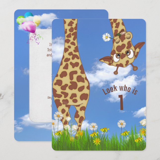 Giraffe 1st Birthday Party Invitation (Front/Back)