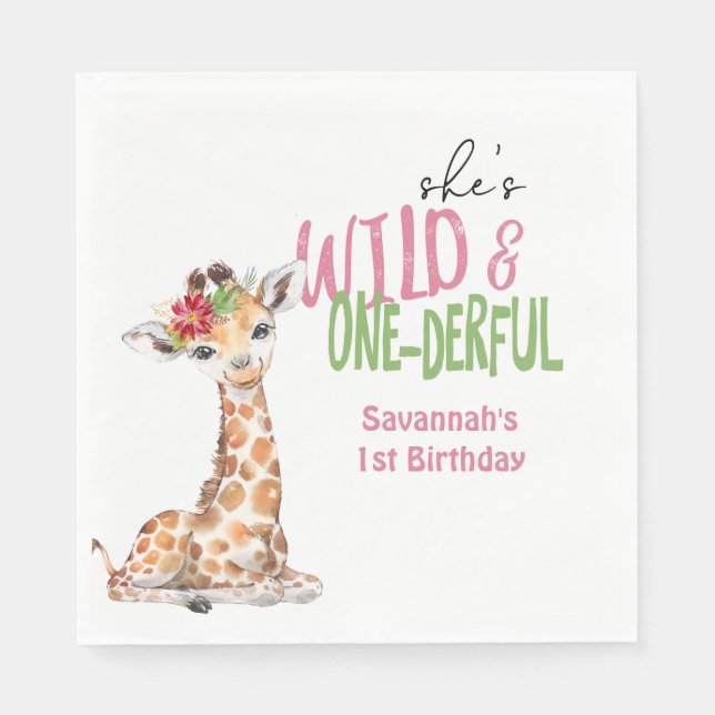 Giraffe 1st Birthday Party Pink Napkin (Front)