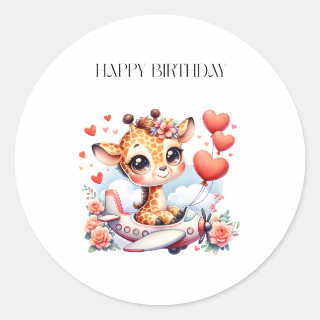 Giraffe Airplane Birthday Classic Round Sticker (Front)