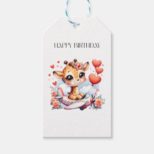 Giraffe Airplane Birthday Gift Tags (Front)