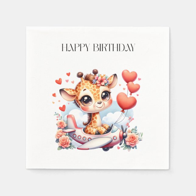 Giraffe Airplane Birthday Napkin (Front)