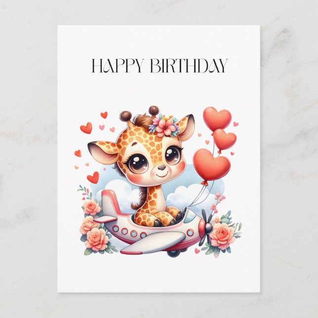 Giraffe Airplane Birthday Postcard (Front)