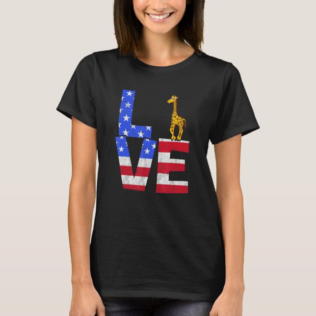 Giraffe American Flag Sunglasses 4th of July Patri T-Shirt (Front)
