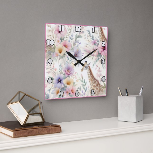 Giraffe among colourful flowers in Africa Square Wall Clock (Office)