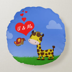 Giraffe and Butterfly in Love Round Pillow