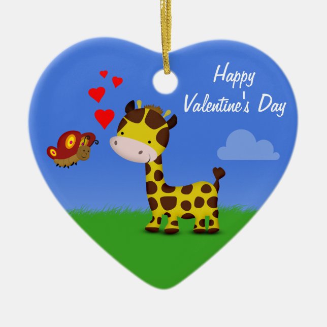 Giraffe and Butterfly Valentine's Day Ceramic Ornament (Front)