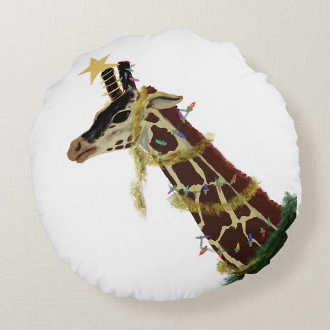 Giraffe and Christmas-decorated Giraffe Round Pillow (Back)
