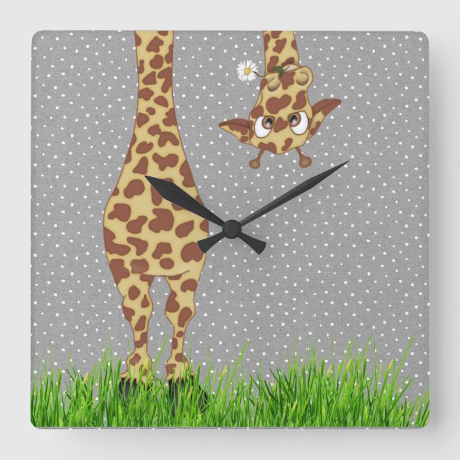 Giraffe and Daisy on Polka Dots Square Wall Clock (Front)
