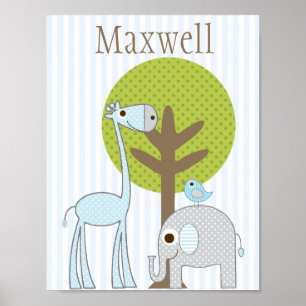 Giraffe and Elephant blue Boy baby room poster