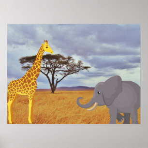giraffe and elephant in the safari poster
