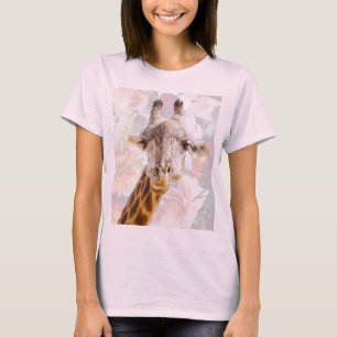 Giraffe and Flowers Modern Funny Animal Pink T-Shirt