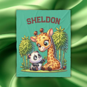 Giraffe and Panda Monogrammed Name   Fleece Blanket