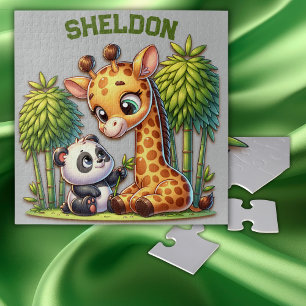 Giraffe and Panda Monogrammed Name Jigsaw Puzzle