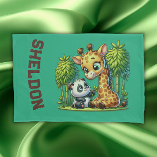 Giraffe and Panda Monogrammed Name   Pillowcase
