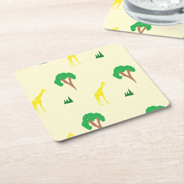 Giraffe and tree pattern square paper coaster (Angled)