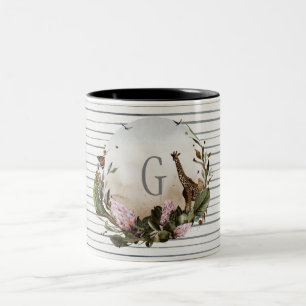 Giraffe and Wildlife Grey Stripe Personalized Two-Tone Coffee Mug