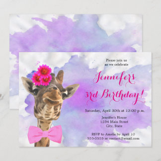 Giraffe animal jungle watercolor happy birthday invitation