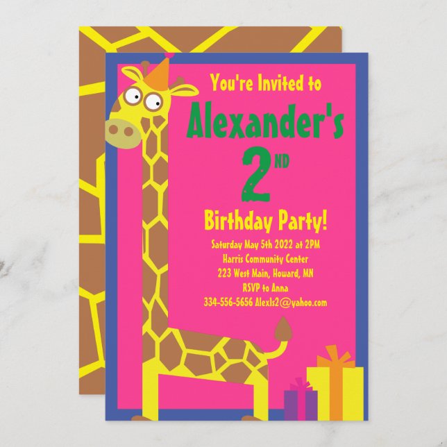 Giraffe Animal Kid's Birthday Party Invitations (Front/Back)