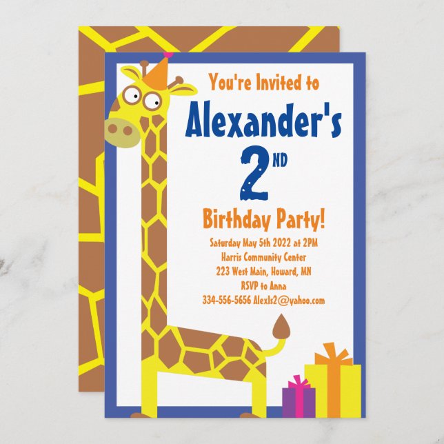 Giraffe Animal Kid's Birthday Party Invitations (Front/Back)
