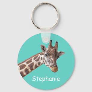 Giraffe Animal on Teal Personalized Name Keychain