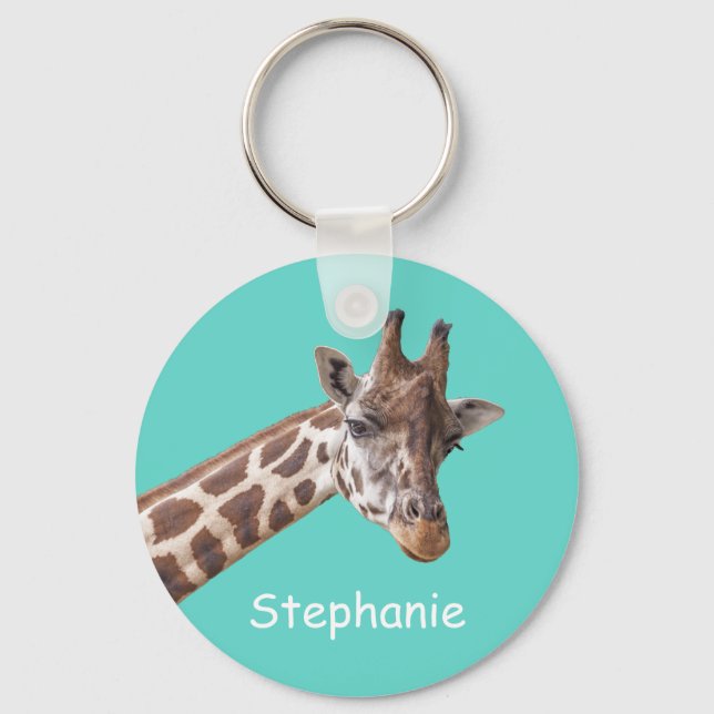 Giraffe Animal on Teal Personalized Name Keychain (Front)