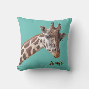 Giraffe Animal Photo on Teal Personalized Name Throw Pillow