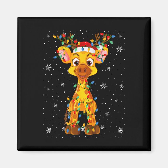 Giraffe Animal Santa Hat Ugly Christmas Tree Light Magnet (Front)