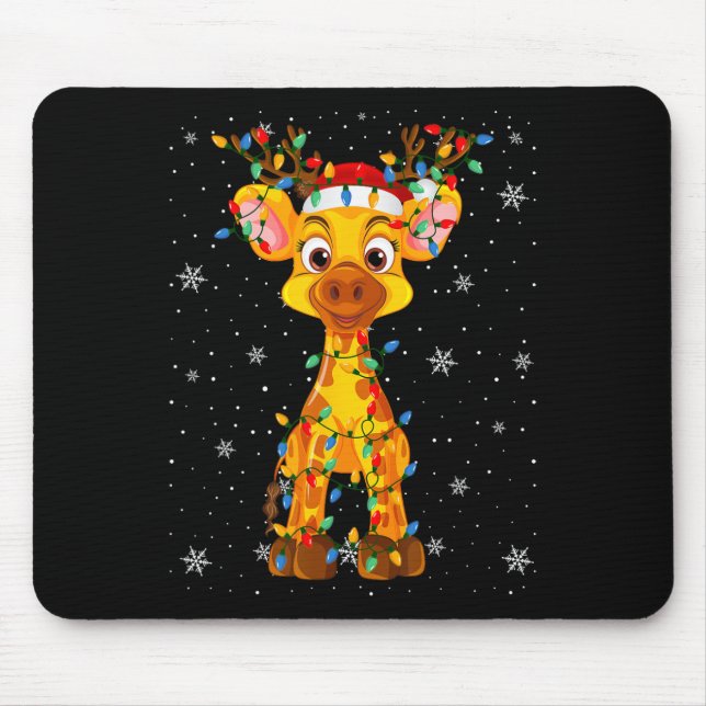 Giraffe Animal Santa Hat Ugly Christmas Tree Light Mouse Pad (Front)