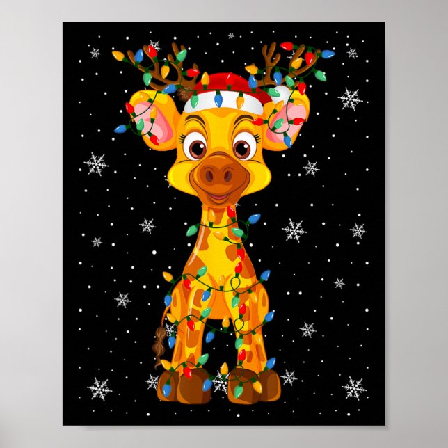 Giraffe Animal Santa Hat Ugly Christmas Tree Light Poster (Front)