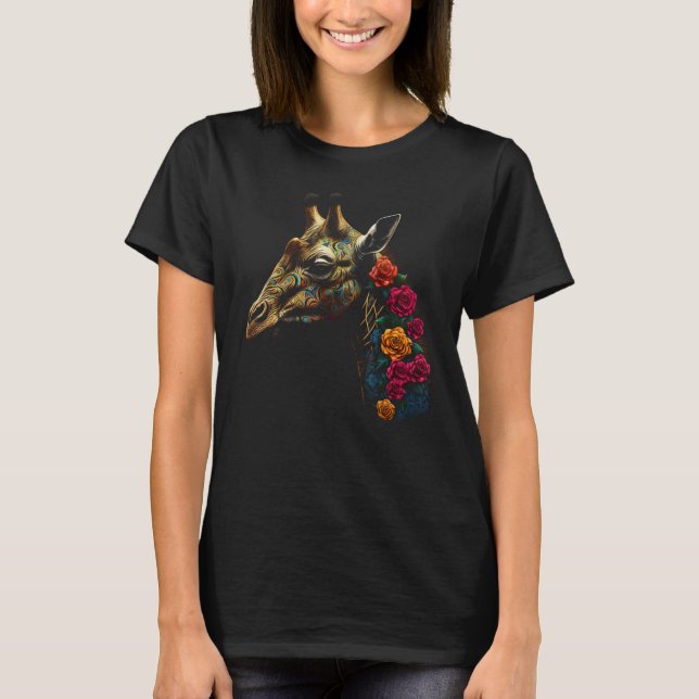 Giraffe Artwork  Flowers Roses Animal Giraffe T-Shirt (Front)