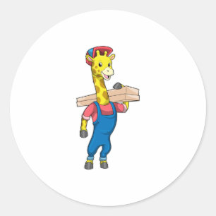 Giraffe as Carpenter with Wood Classic Round Sticker