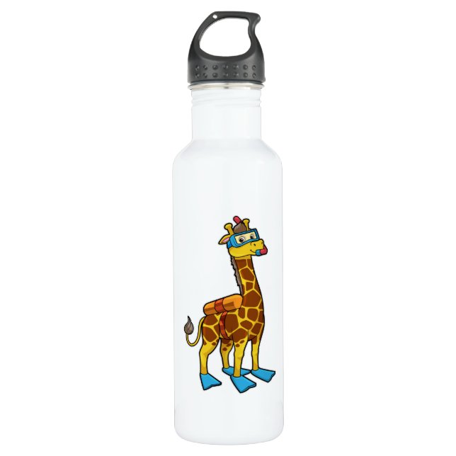 Giraffe as Diver with Swimming goggles & Flippers 710 Ml Water Bottle (Front)