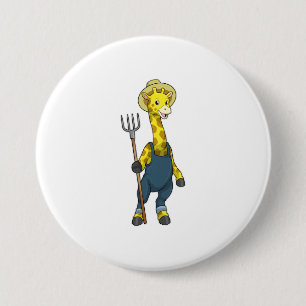 Giraffe as Farmer with Pitchfork 3 Inch Round Button