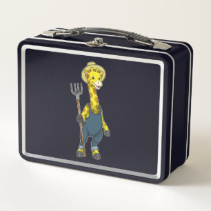 Giraffe as Farmer with Pitchfork Metal Lunch Box