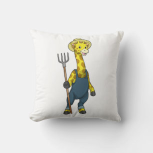 Giraffe as Farmer with Pitchfork Throw Pillow