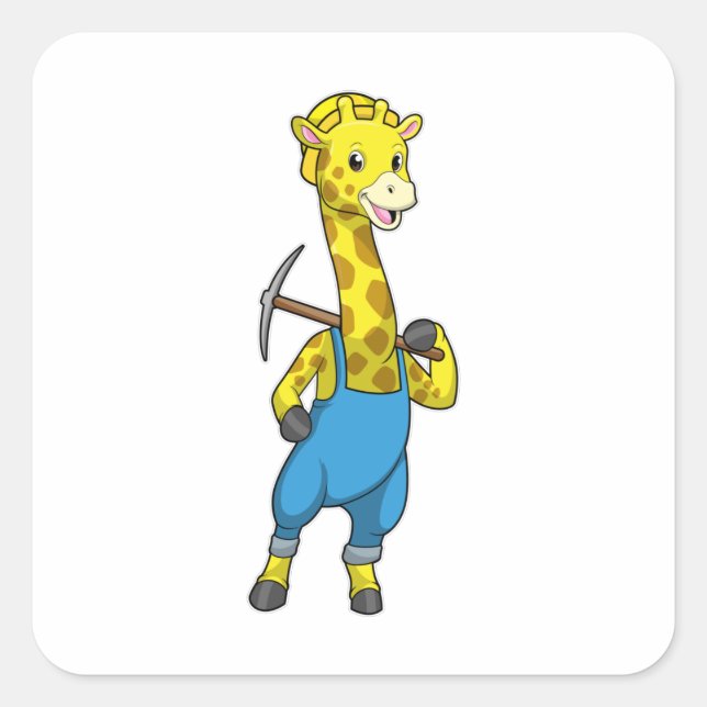 Giraffe as Miner with Pickaxe Square Sticker (Front)