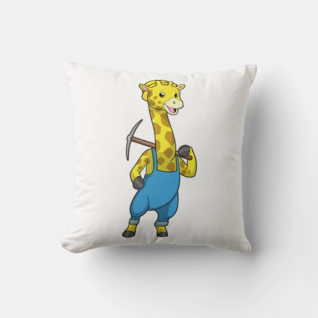 Giraffe as Miner with Pickaxe Throw Pillow (Front)