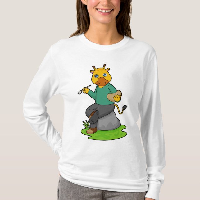 Giraffe as Painter with Paint brush T-Shirt (Front)