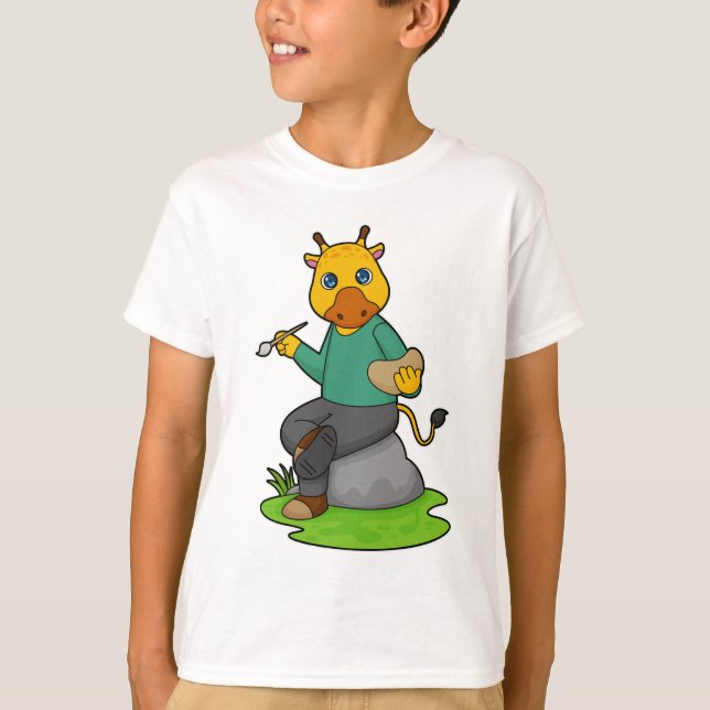 Giraffe as Painter with Paint brush T-Shirt (Front)
