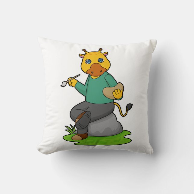 Giraffe as Painter with Paint brush Throw Pillow (Front)